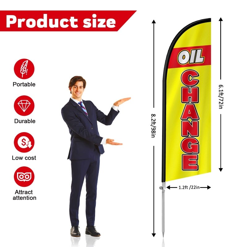 Oil Change Sign - 8FT Oil Change Yellow Feather Flag with Stainless Steel Pole Kit(2m flag set)