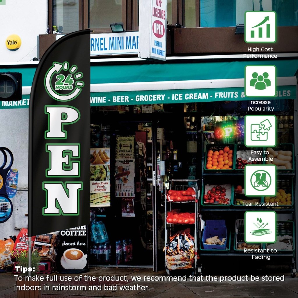 Open 24 Hours Sign - 8FT Open 24 Hours Black Banner Feather Flag with Stainless Steel Pole Kit(2m flag set)