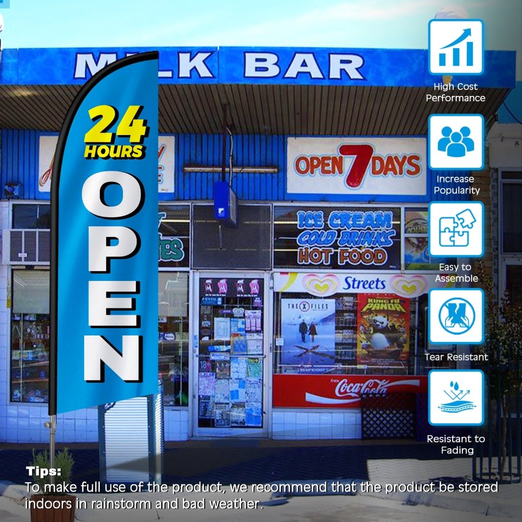 Open 24 Hours Sign - 8FT Open 24 Hours Blue Banner Feather Flag with Stainless Steel Pole Kit(2m flag set)