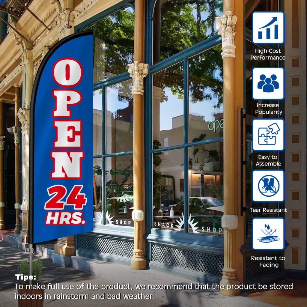 Open 24 Hours Sign - 8FT Open 24 Hours Blue Banner Feather Flag with Stainless Steel Pole Kit(2m flag set)
