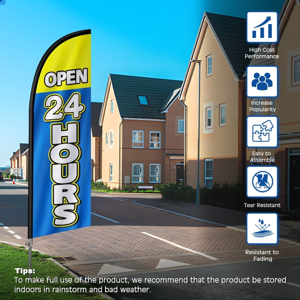 Open 24 Hours Sign - 8FT Open 24 Hours Blue Banner Feather Flag with Stainless Steel Pole Kit(2m flag set)