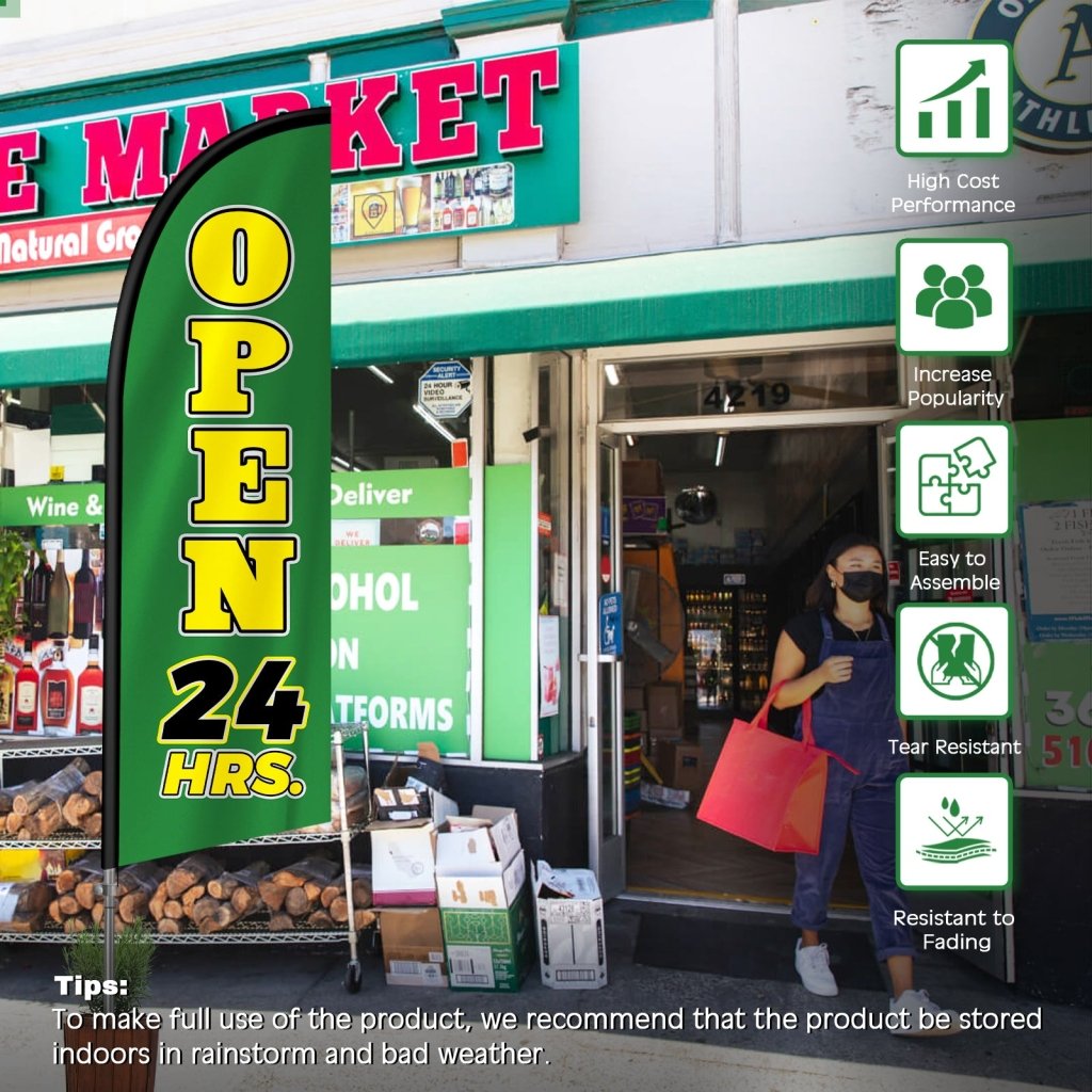 Open 24 Hours Sign - 8FT Open 24 Hours Green Banner Feather Flag with Stainless Steel Pole Kit(2m flag set)