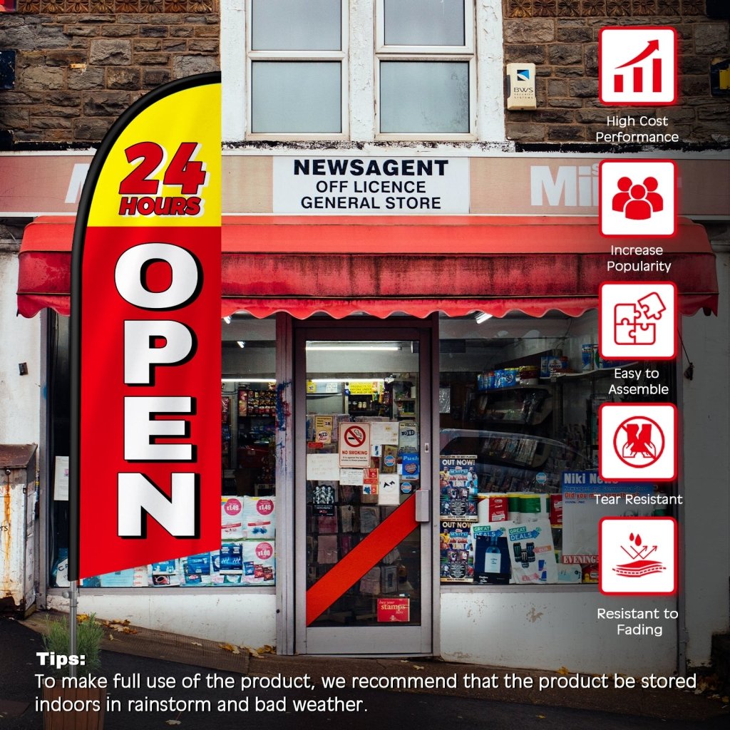 Open 24 Hours Sign - 8FT Open 24 Hours Red Banner Feather Flag with Stainless Steel Pole Kit(2m flag set)