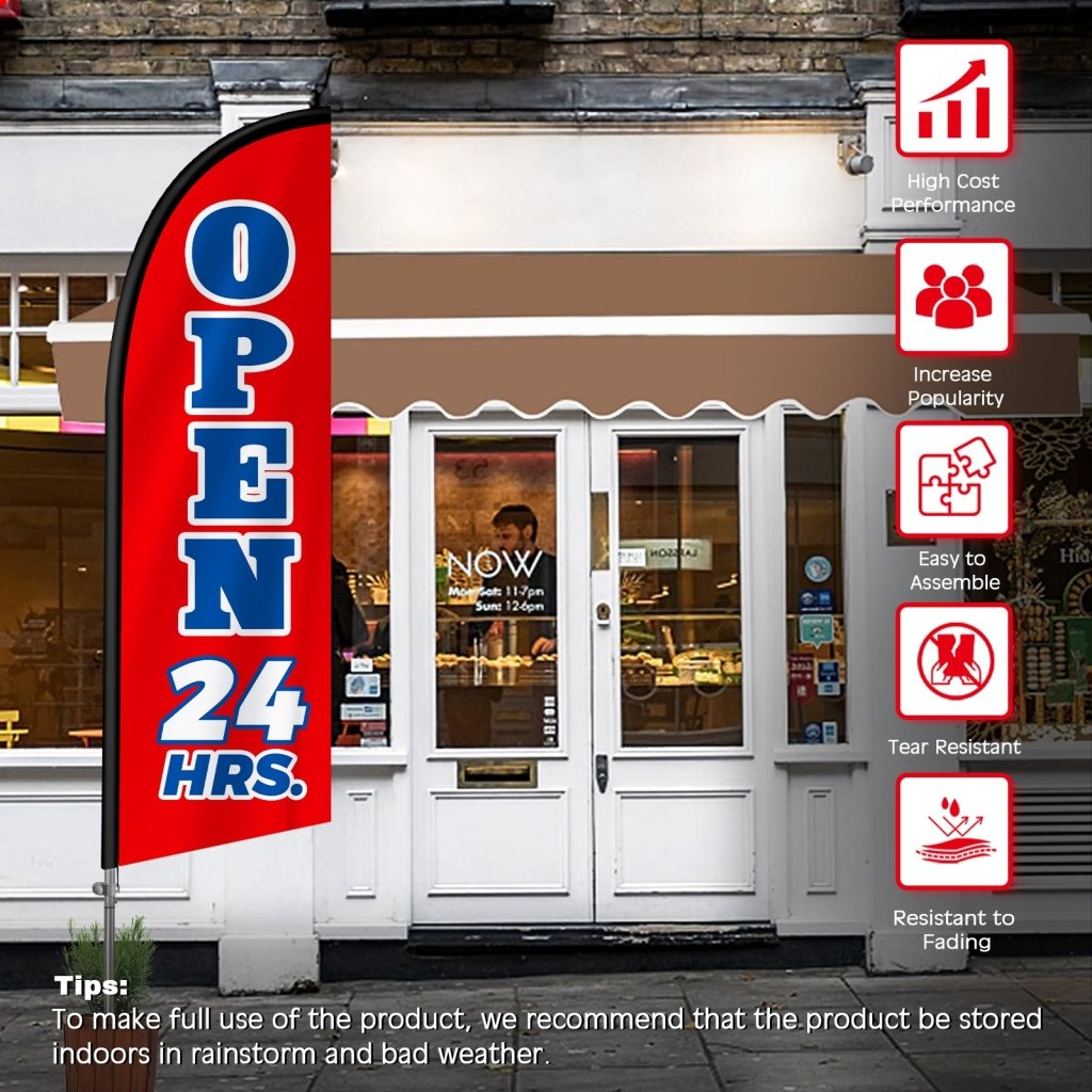 Open 24 Hours Sign - 8FT Open 24 Hours Red Banner Feather Flag with Stainless Steel Pole Kit(2m flag set)