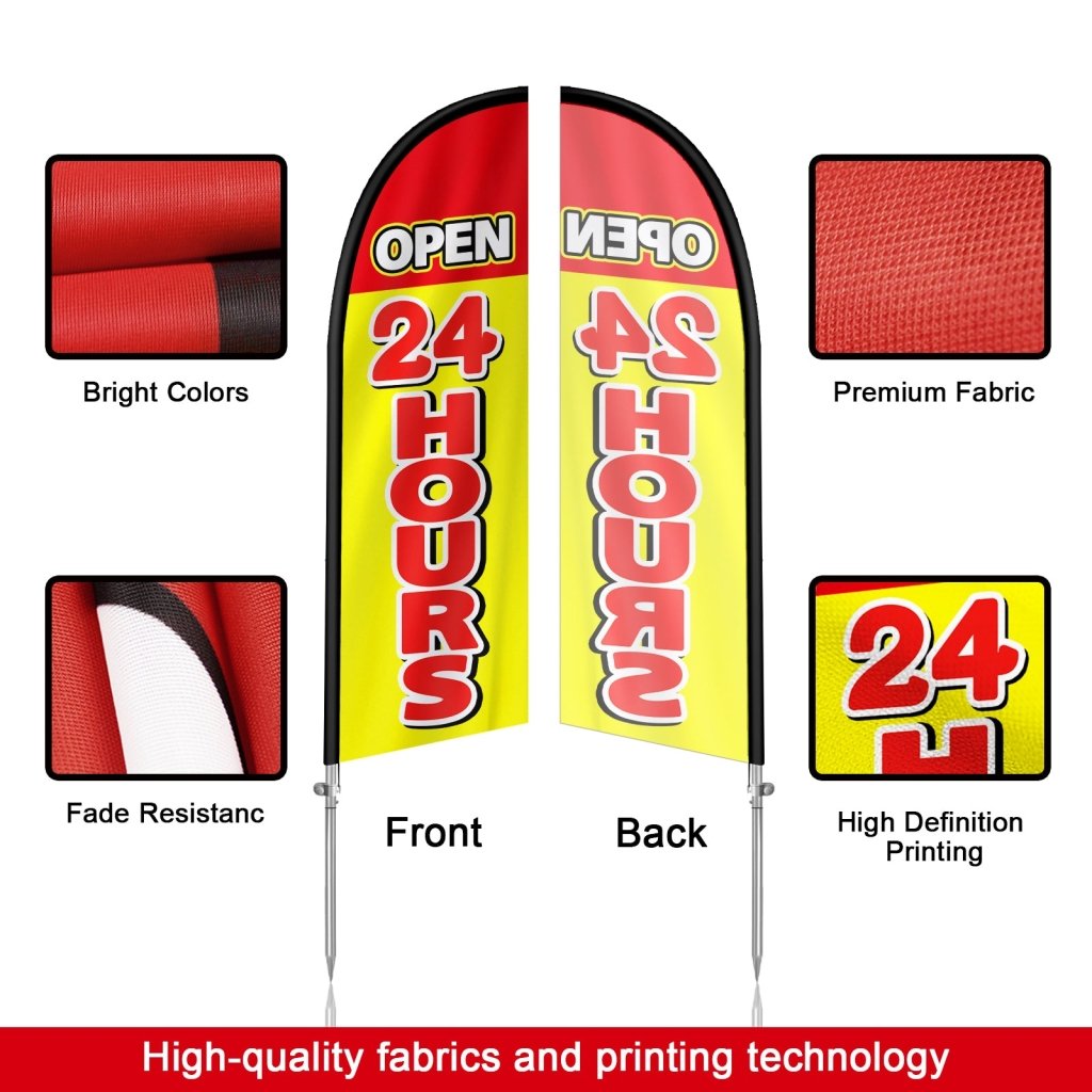 Open 24 Hours Sign - 8FT Open 24 Hours Yellow Banner Feather Flag with Stainless Steel Pole Kit(2m flag set)