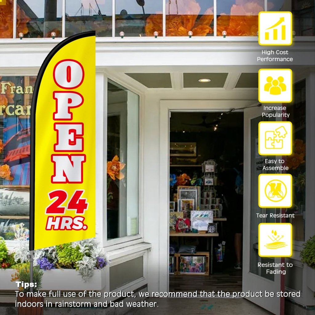 Open 24 Hours Sign - 8FT Open 24 Hours Yellow Banner Feather Flag with Stainless Steel Pole Kit(2m flag set)