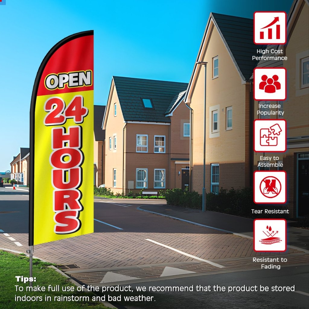 Open 24 Hours Sign - 8FT Open 24 Hours Yellow Banner Feather Flag with Stainless Steel Pole Kit(2m flag set)