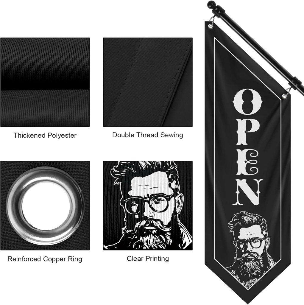 Open Flag, Double - Sided Three - ply Hanging Open Sign with Pole and Mounting Kit（Black - B）
