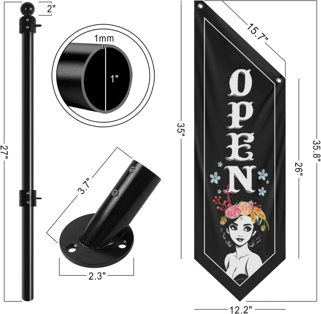 Open Flag, Double - Sided Three - ply Hanging Open Sign with Pole and Mounting Kit（Black - B）