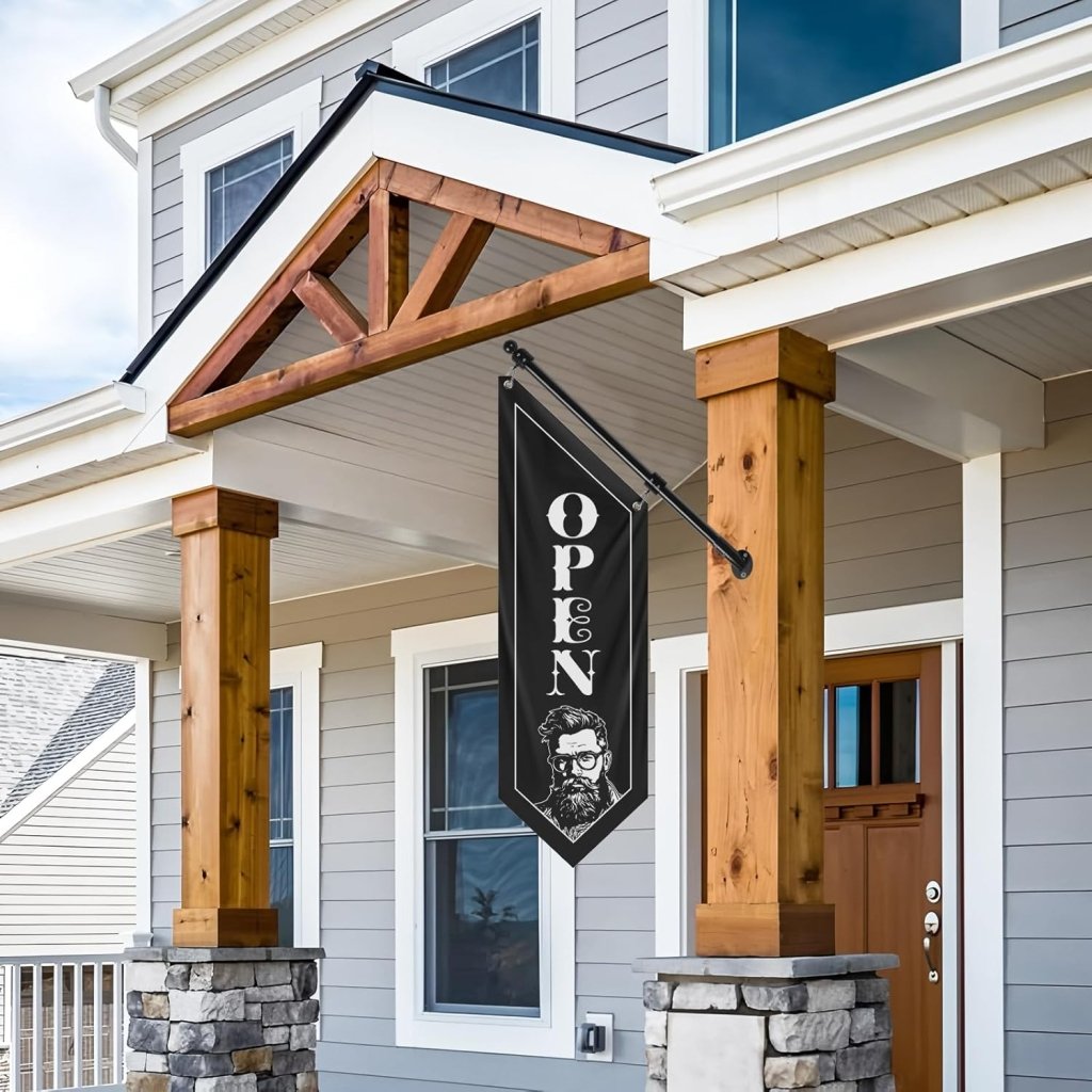 Open Flag, Double - Sided Three - ply Hanging Open Sign with Pole and Mounting Kit（Black - B）