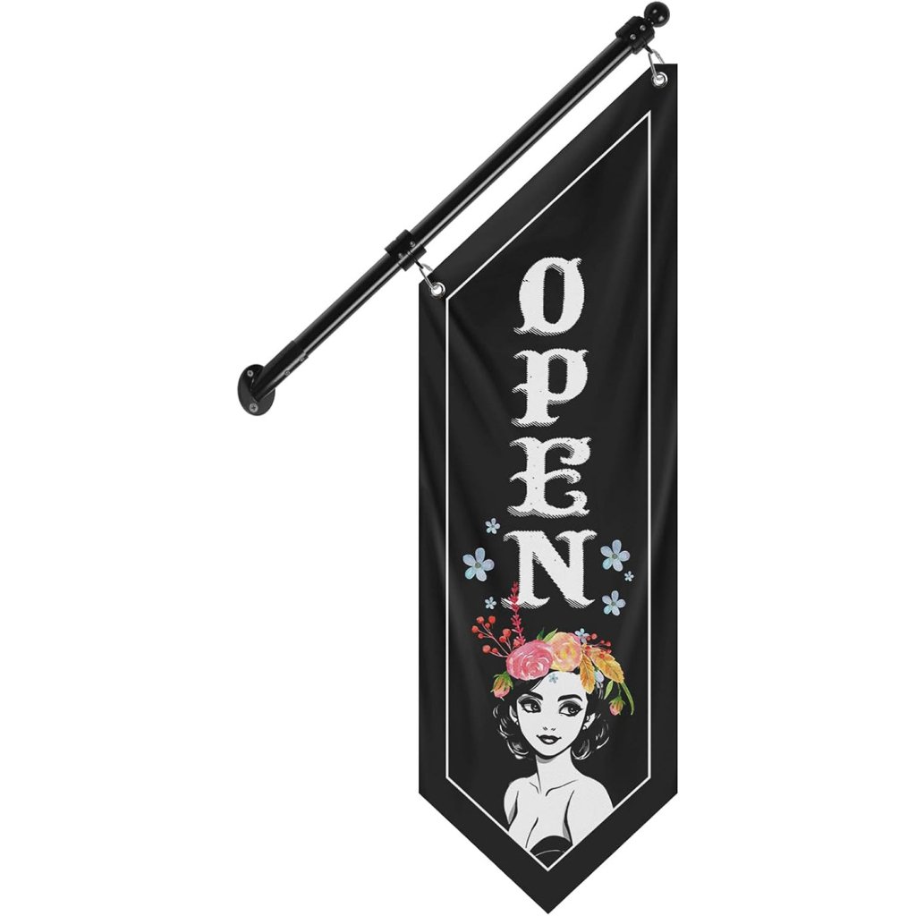 Open Flag, Double - Sided Three - ply Hanging Open Sign with Pole and Mounting Kit（Black - B）