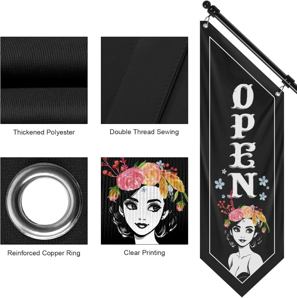 Open Flag, Double - Sided Three - ply Hanging Open Sign with Pole and Mounting Kit（Black - B）