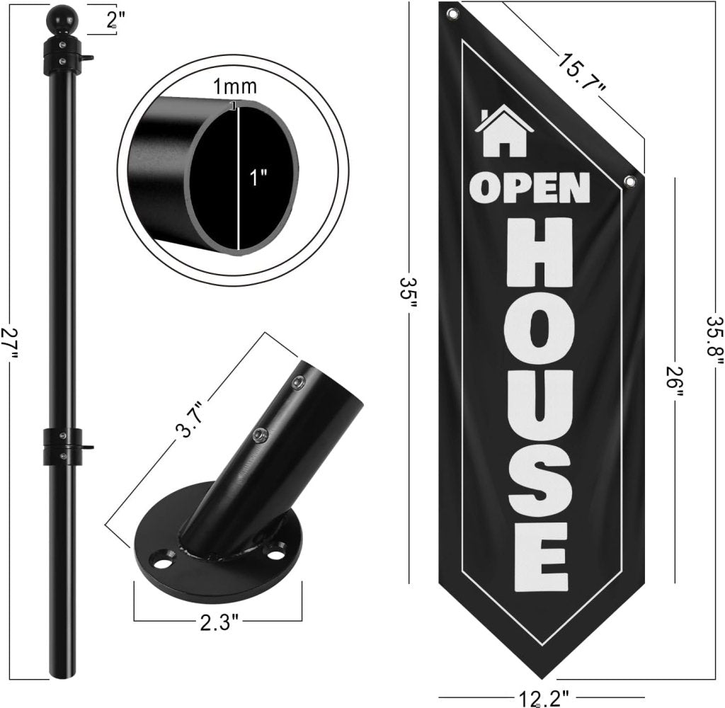 Open House Wall Flag, Double - Sided Three - ply Hanging Open Sign with Pole and Mounting Kit (Black - B)