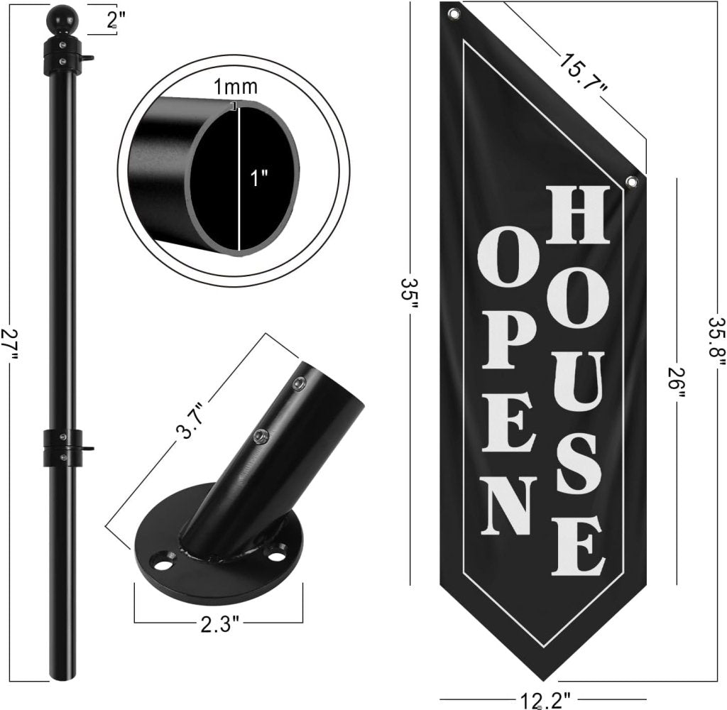 Open House Wall Flag, Double - Sided Three - ply Hanging Open Sign with Pole and Mounting Kit (Black - B)