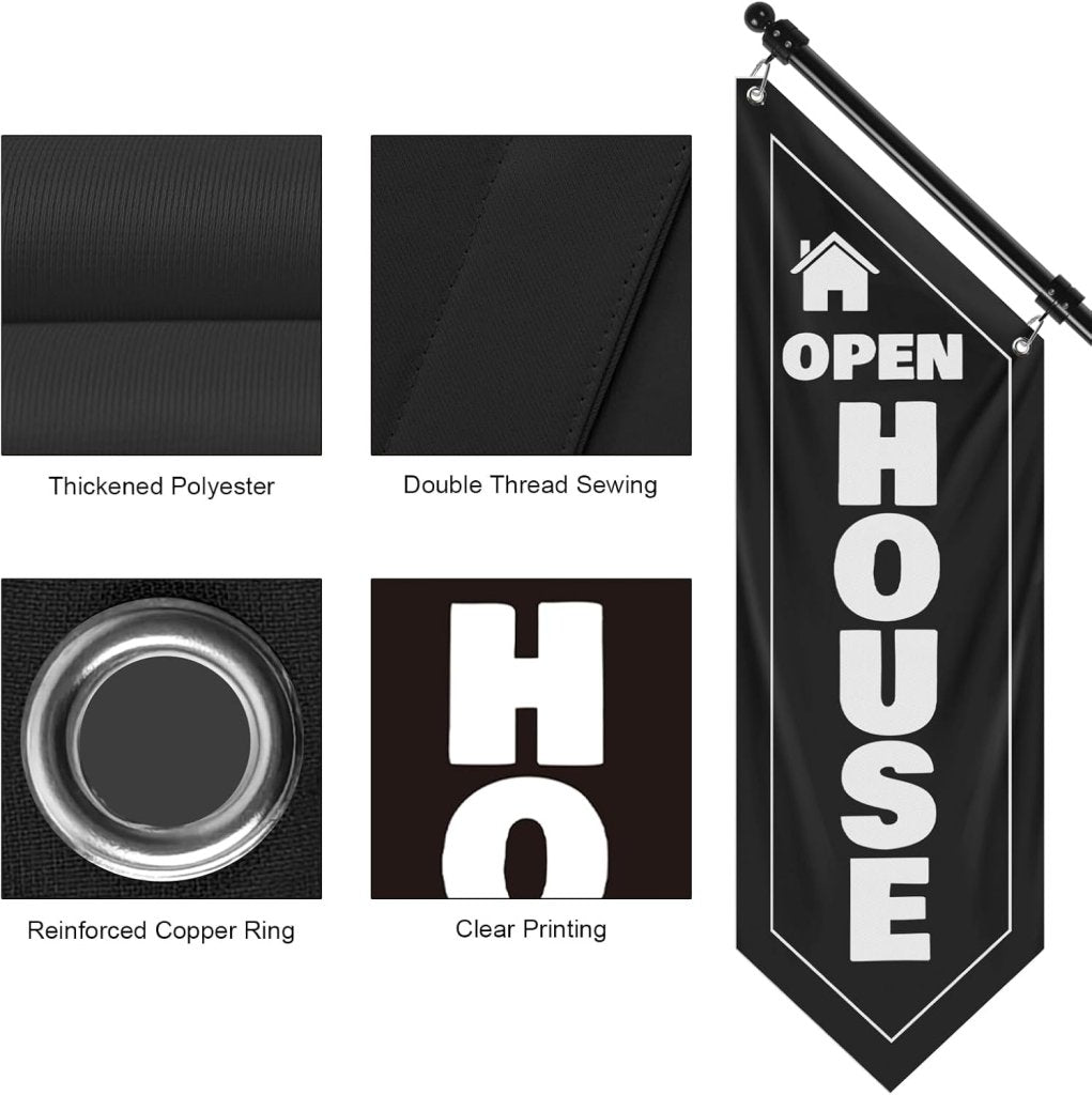 Open House Wall Flag, Double - Sided Three - ply Hanging Open Sign with Pole and Mounting Kit (Black - B)
