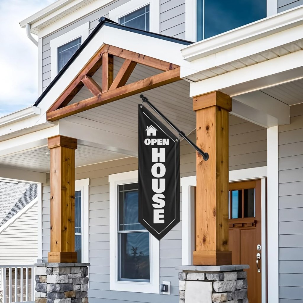 Open House Wall Flag, Double - Sided Three - ply Hanging Open Sign with Pole and Mounting Kit (Black - B)
