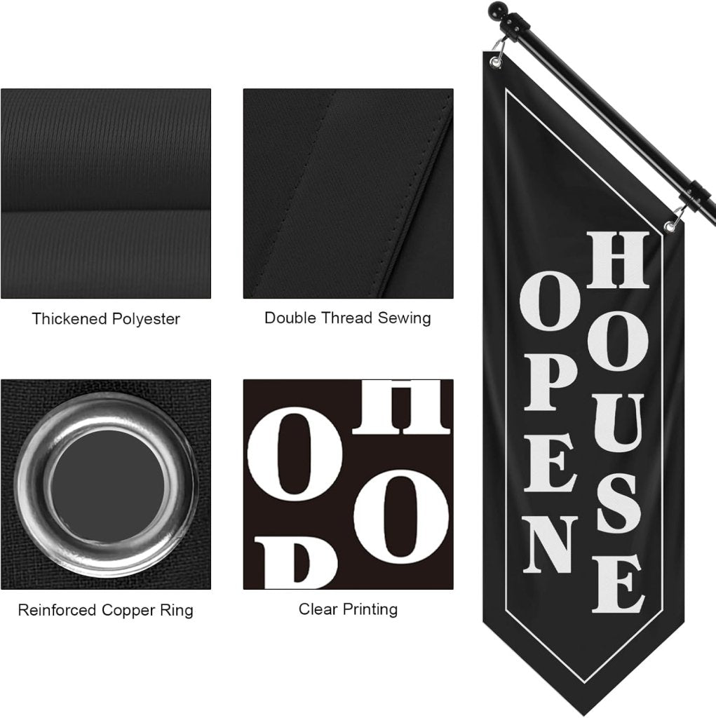 Open House Wall Flag, Double - Sided Three - ply Hanging Open Sign with Pole and Mounting Kit (Black - B)