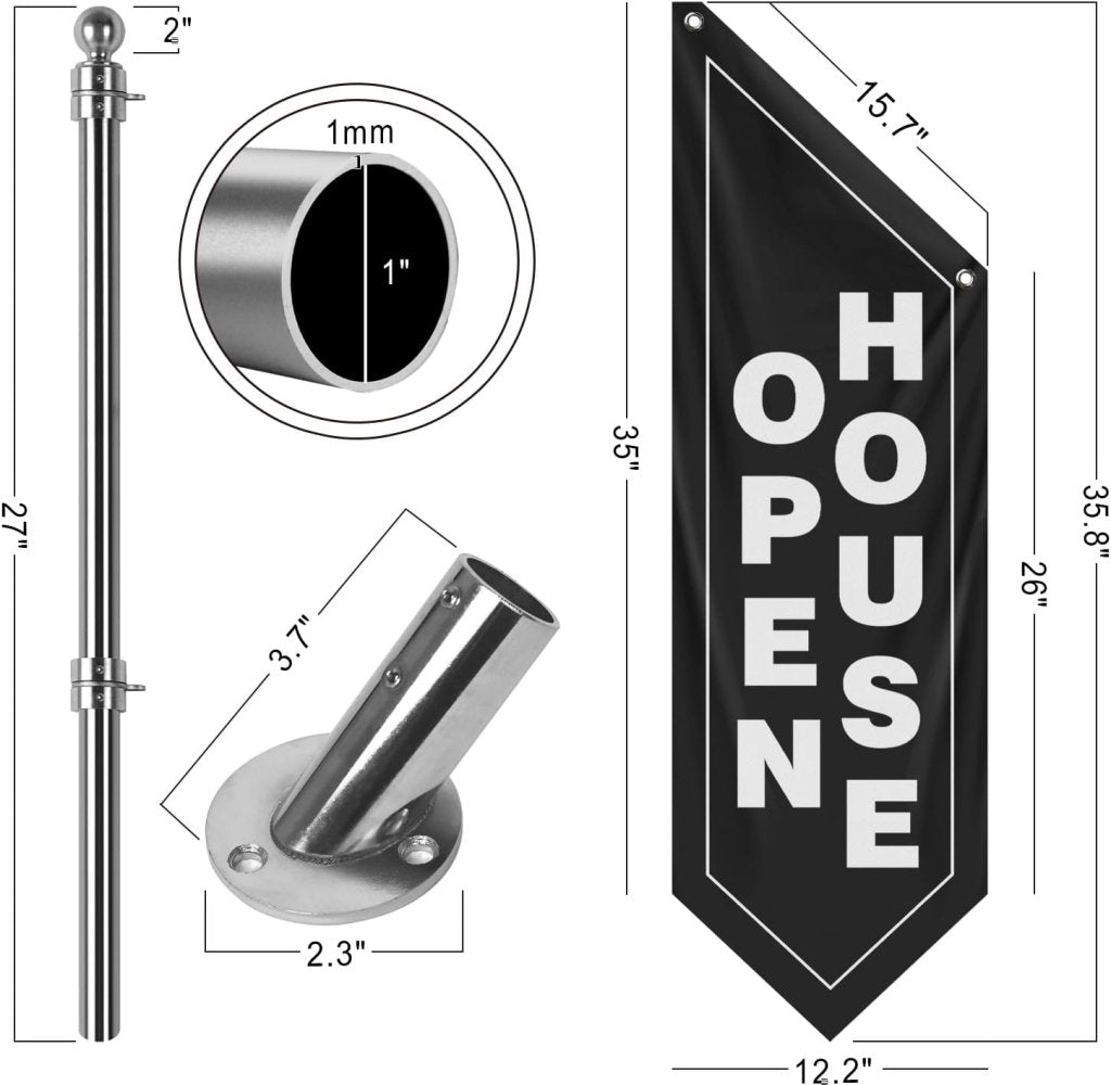 Open House Wall Flag, Double - Sided Three - ply Hanging Open Sign with Pole and Mounting Kit (Black - W)