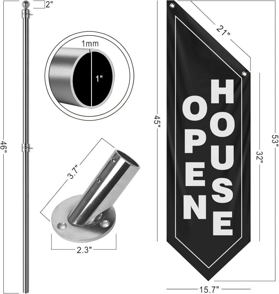 Open House Wall Flag, Double - Sided Three - ply Hanging Open Sign with Pole and Mounting Kit (Black - W)