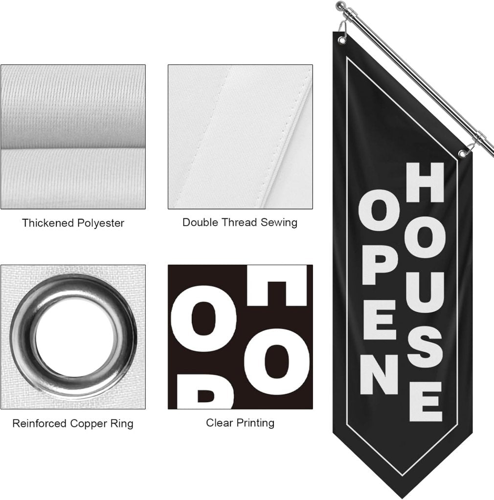 Open House Wall Flag, Double - Sided Three - ply Hanging Open Sign with Pole and Mounting Kit (Black - W)