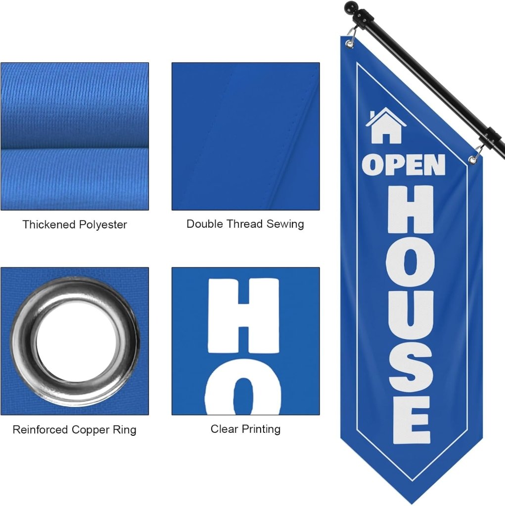 Open House Wall Flag, Double - Sided Three - ply Hanging Open Sign with Pole and Mounting Kit (Blue - B)