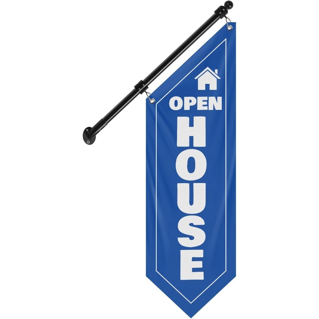 Open House Wall Flag, Double - Sided Three - ply Hanging Open Sign with Pole and Mounting Kit (Blue - B)