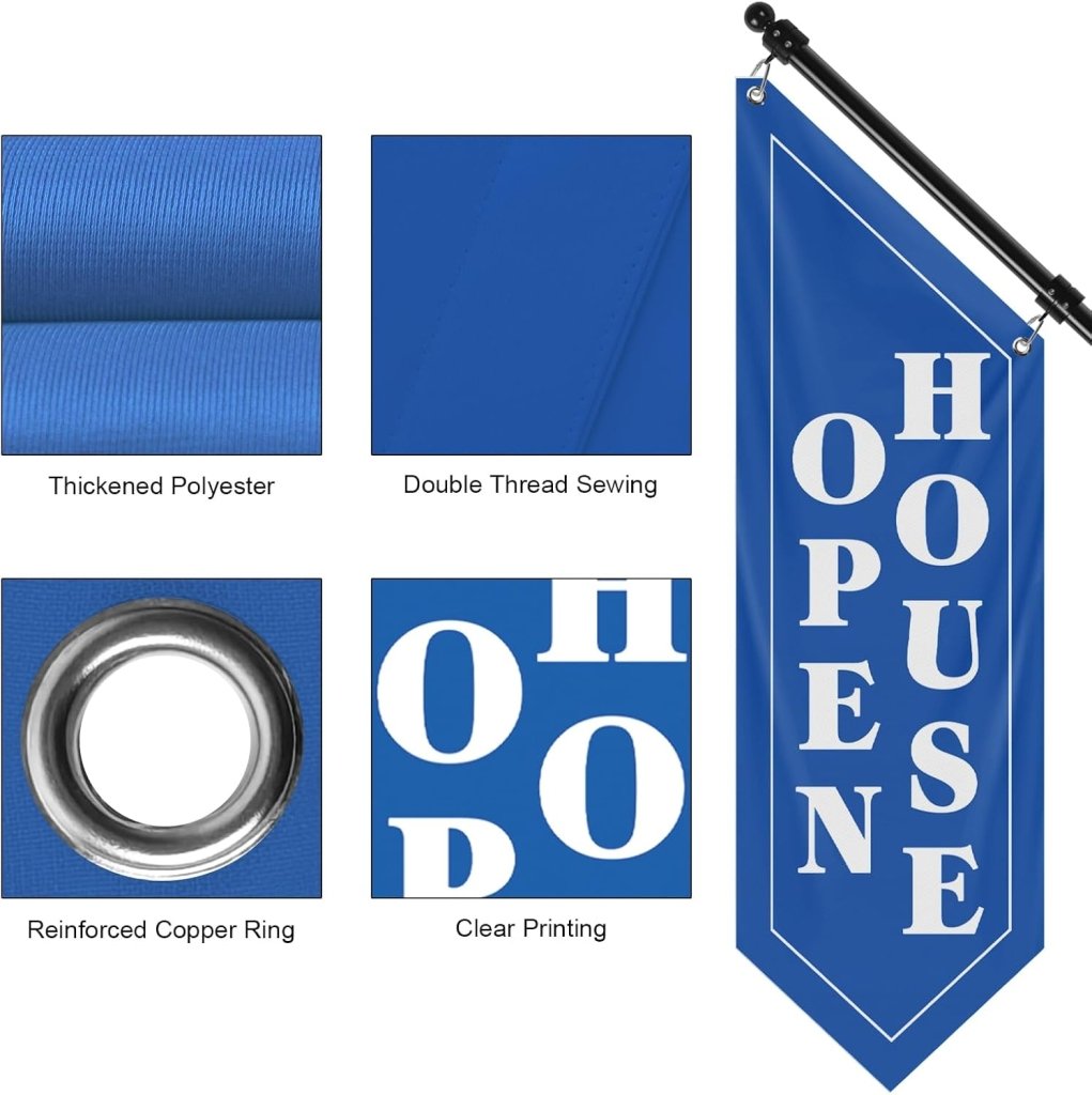 Open House Wall Flag, Double - Sided Three - ply Hanging Open Sign with Pole and Mounting Kit (Blue - B)