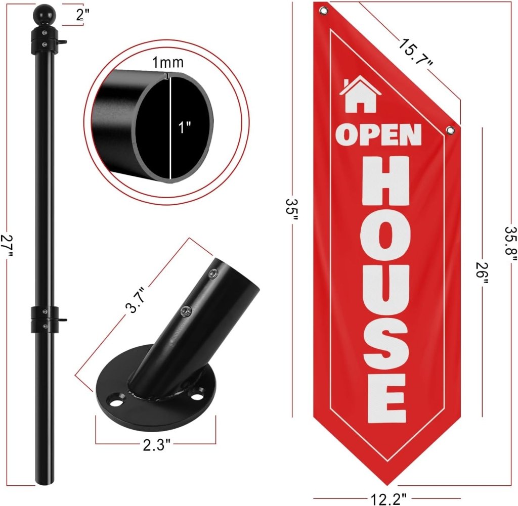 Open House Wall Flag, Double - Sided Three - ply Hanging Open Sign with Pole and Mounting Kit (Red - B)