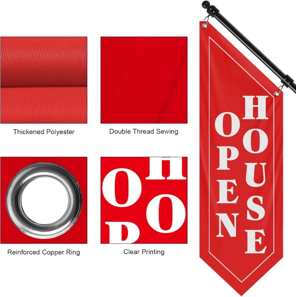 Open House Wall Flag, Double - Sided Three - ply Hanging Open Sign with Pole and Mounting Kit (Red - B)