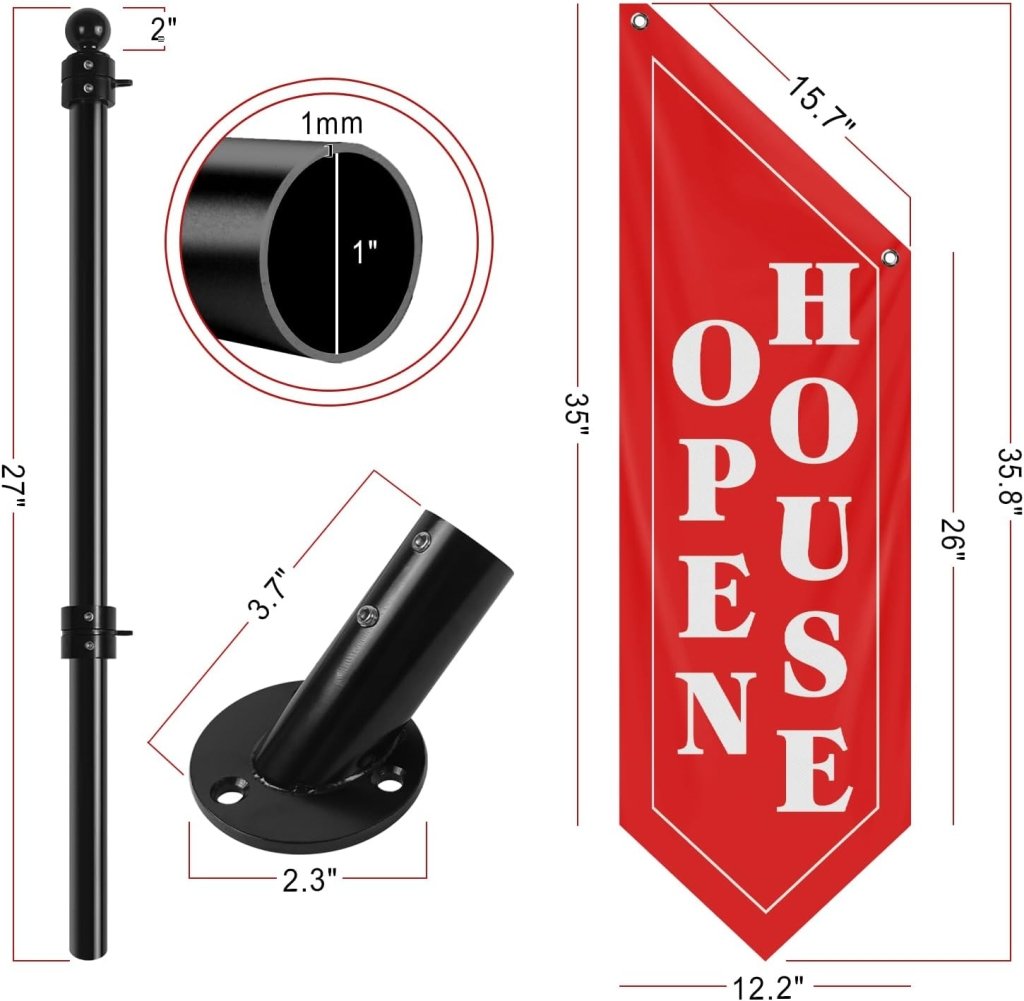 Open House Wall Flag, Double - Sided Three - ply Hanging Open Sign with Pole and Mounting Kit (Red - B)