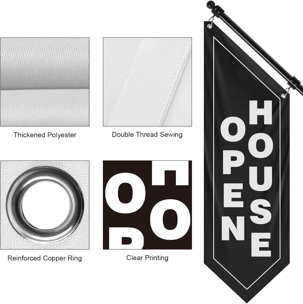Open House Wall Flag, Double - Sided Three - ply Hanging Open Sign with Pole and Mounting Kit (White - B)