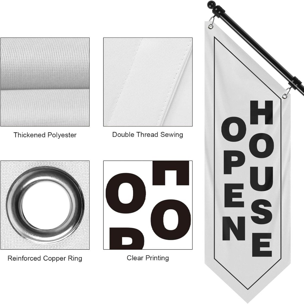 Open House Wall Flag, Double - Sided Three - ply Hanging Open Sign with Pole and Mounting Kit (White - B)