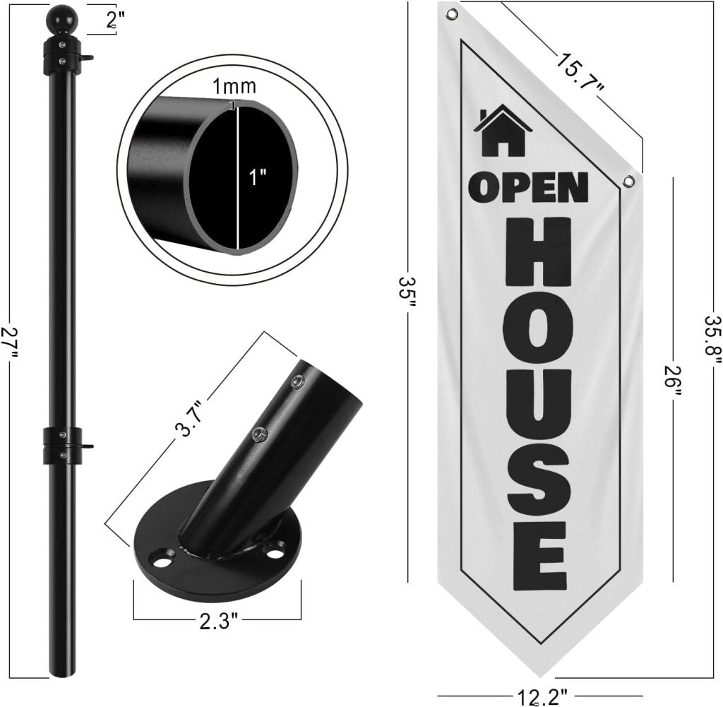 Open House Wall Flag, Double - Sided Three - ply Hanging Open Sign with Pole and Mounting Kit (White - B)