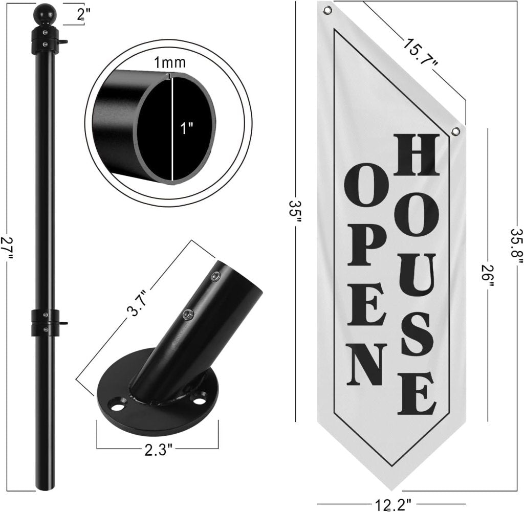 Open House Wall Flag, Double - Sided Three - ply Hanging Open Sign with Pole and Mounting Kit (White - B)