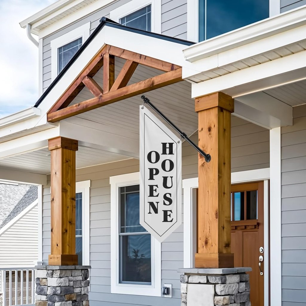 Open House Wall Flag, Double - Sided Three - ply Hanging Open Sign with Pole and Mounting Kit (White - B)