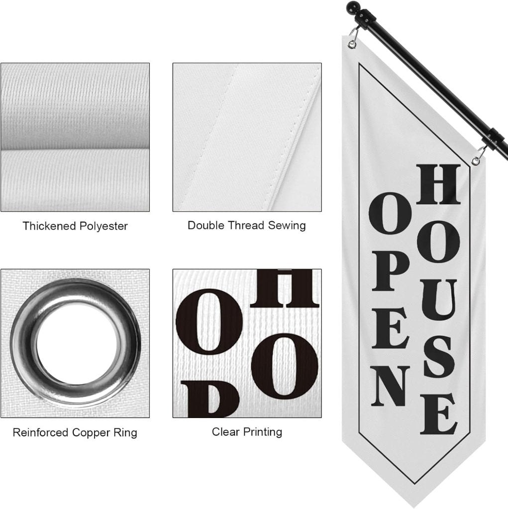 Open House Wall Flag, Double - Sided Three - ply Hanging Open Sign with Pole and Mounting Kit (White - B)