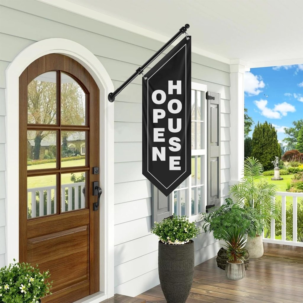 Open House Wall Flag, Double - Sided Three - ply Hanging Open Sign with Pole and Mounting Kit (White - B)