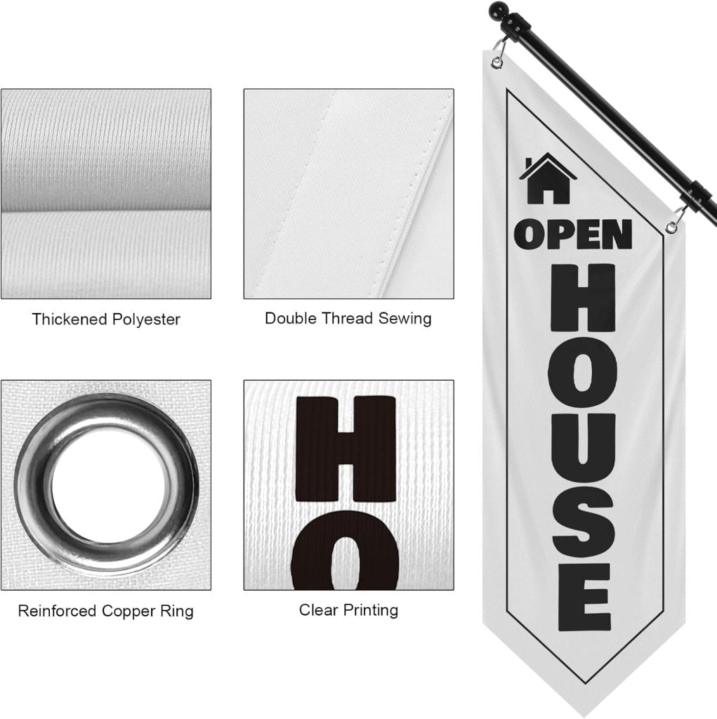 Open House Wall Flag, Double - Sided Three - ply Hanging Open Sign with Pole and Mounting Kit (White - B)