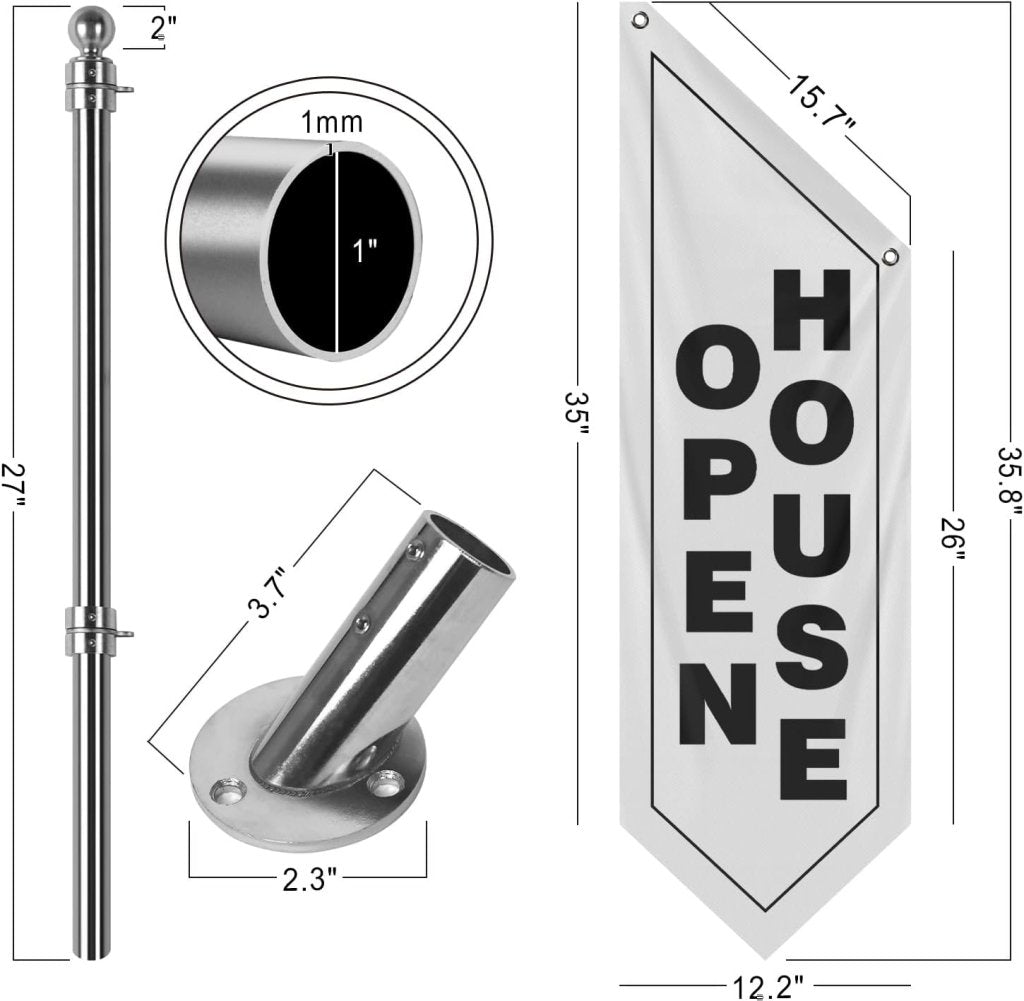 Open House Wall Flag, Double - Sided Three - ply Hanging Open Sign with Pole and Mounting Kit (White - W)
