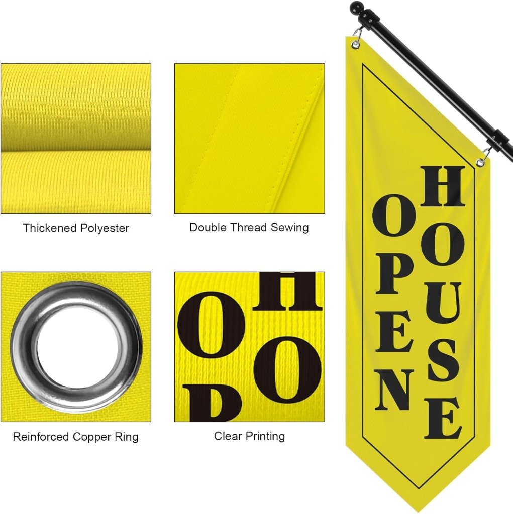 Open House Wall Flag, Double - Sided Three - ply Hanging Open Sign with Pole and Mounting Kit (Yellow - B))