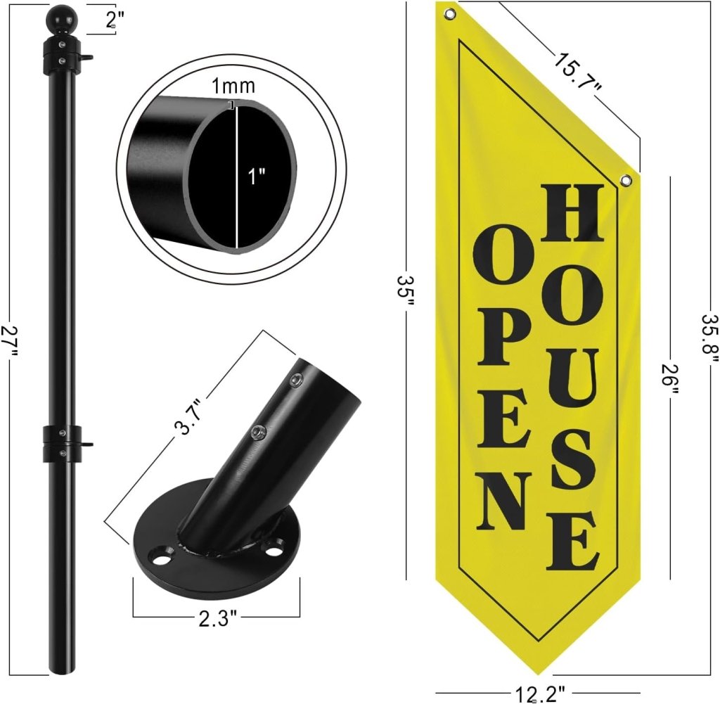 Open House Wall Flag, Double - Sided Three - ply Hanging Open Sign with Pole and Mounting Kit (Yellow - B))
