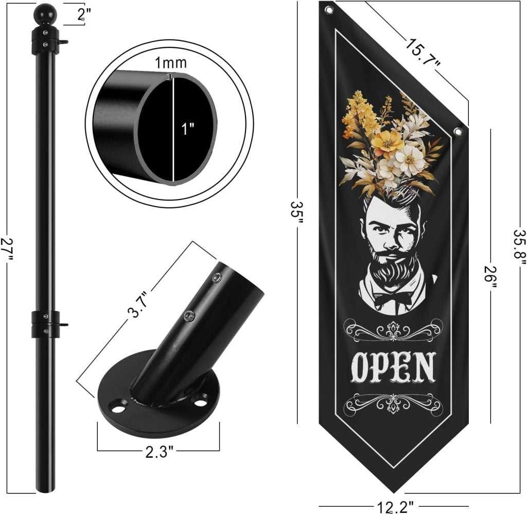 Outdoor Open Flag, Double - Sided Three - ply Hanging Open Sign with Pole and Mounting Kit (Black - B)