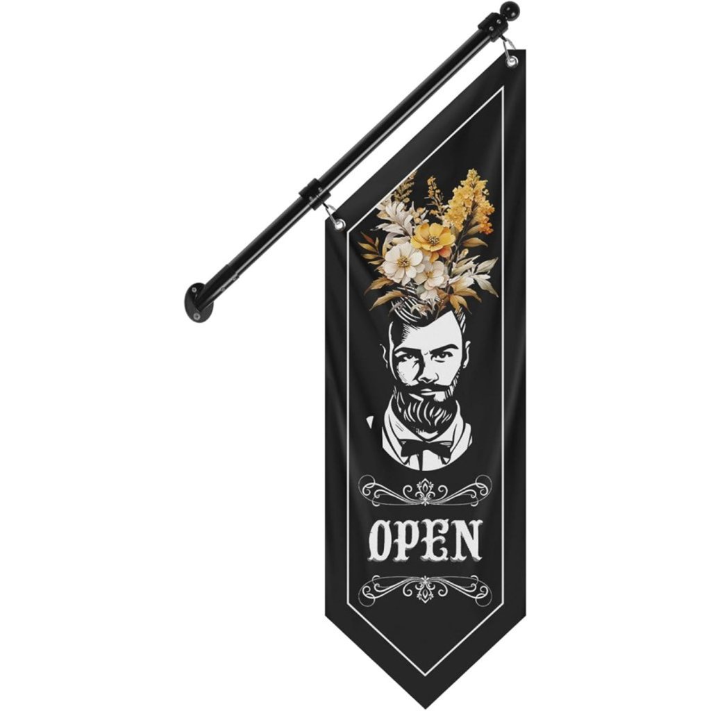 Outdoor Open Flag, Double - Sided Three - ply Hanging Open Sign with Pole and Mounting Kit (Black - B)