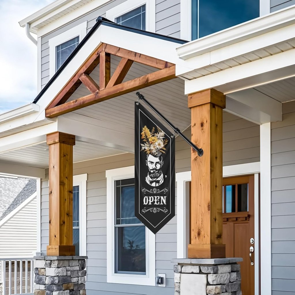 Outdoor Open Flag, Double - Sided Three - ply Hanging Open Sign with Pole and Mounting Kit (Black - B)