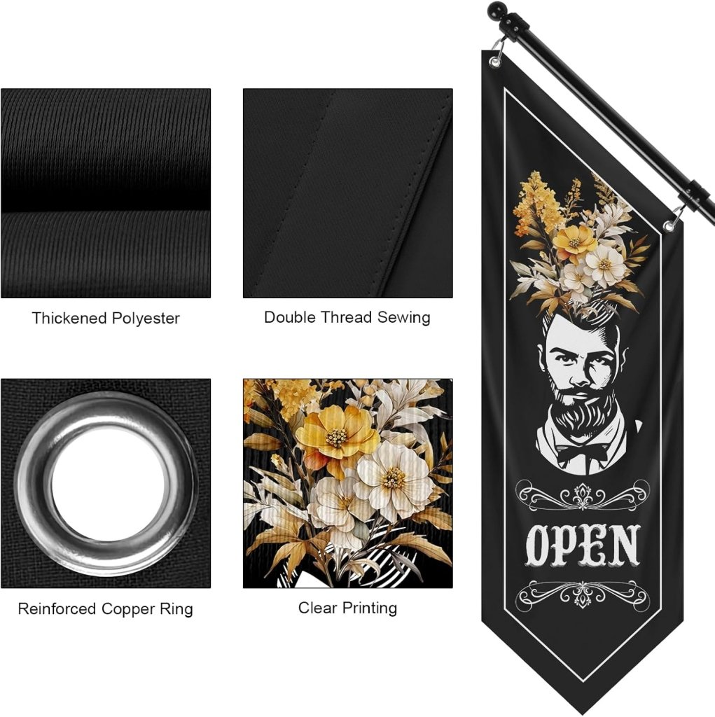 Outdoor Open Flag, Double - Sided Three - ply Hanging Open Sign with Pole and Mounting Kit (Black - B)