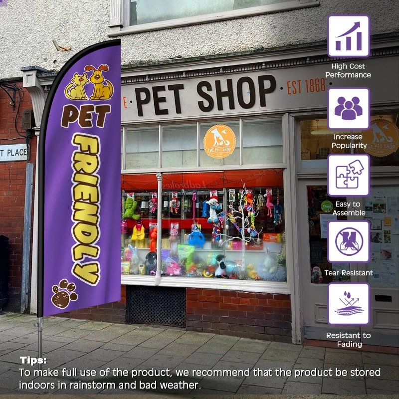 Pet Friendly Sign - 8FT Pet Friendly Banner Feather Flag with Stainless Steel Pole Kit(2m flag set)