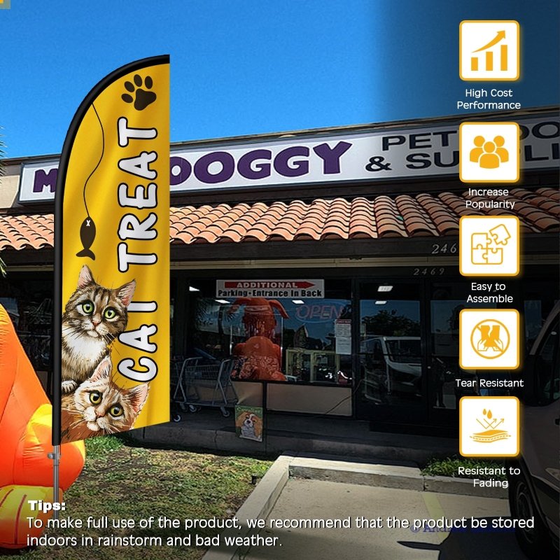 Pet Grooming Signs - 8FT Cat Treat Banner Feather Flag with Stainless Steel Pole Kit(2m flag set)