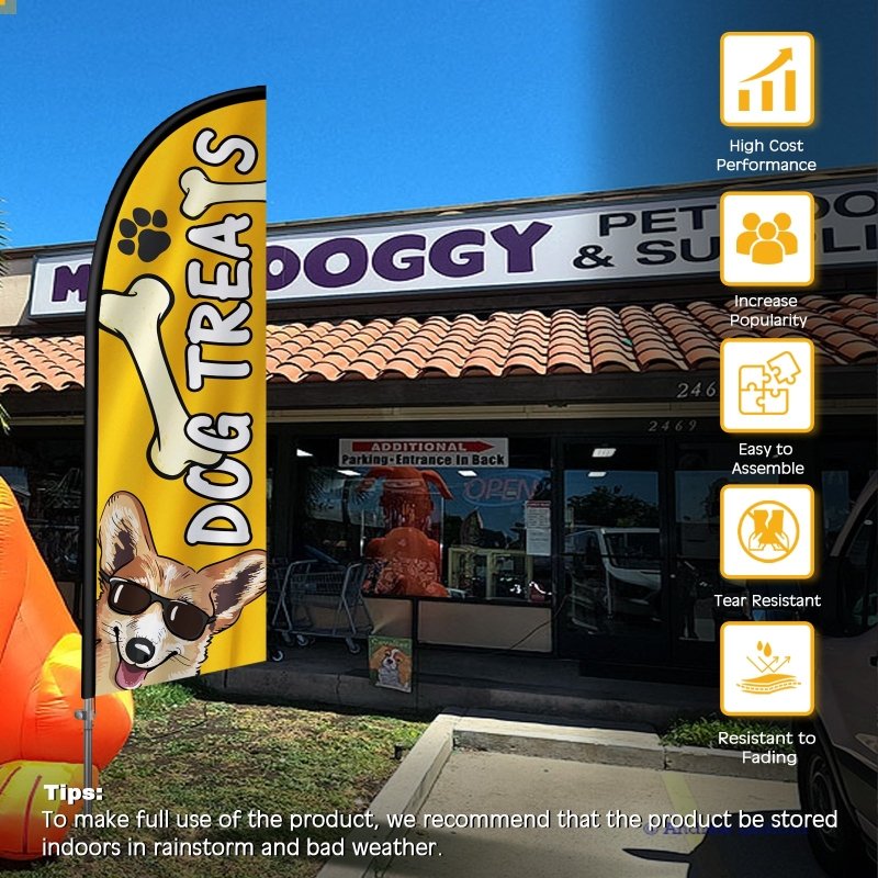 Pet Grooming Signs - 8FT Dog Treat Banner Feather Flag with Stainless Steel Pole Kit(2m flag set)