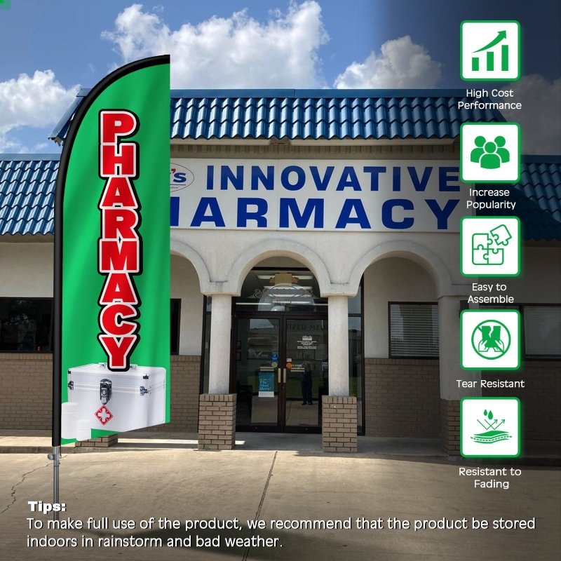 Pharmacy Flag - 8FT Pharmacy Banner Feather Flag with Stainless Steel Pole Kit(2m flag set)