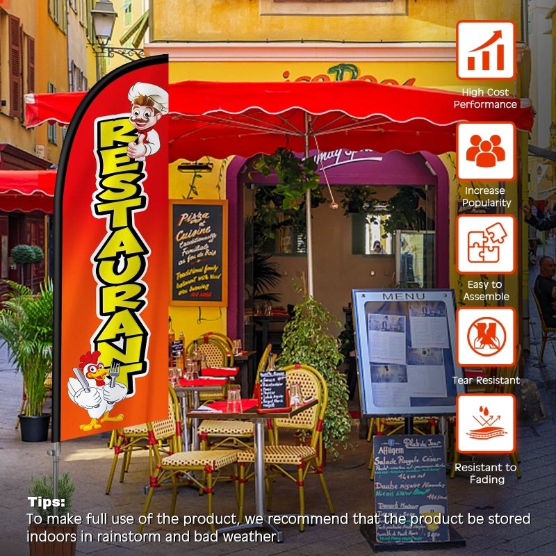 Restaurant Flag - 8FT Restaurant Orange Feather Flag with Stainless Steel Pole Kit(2m flag set)
